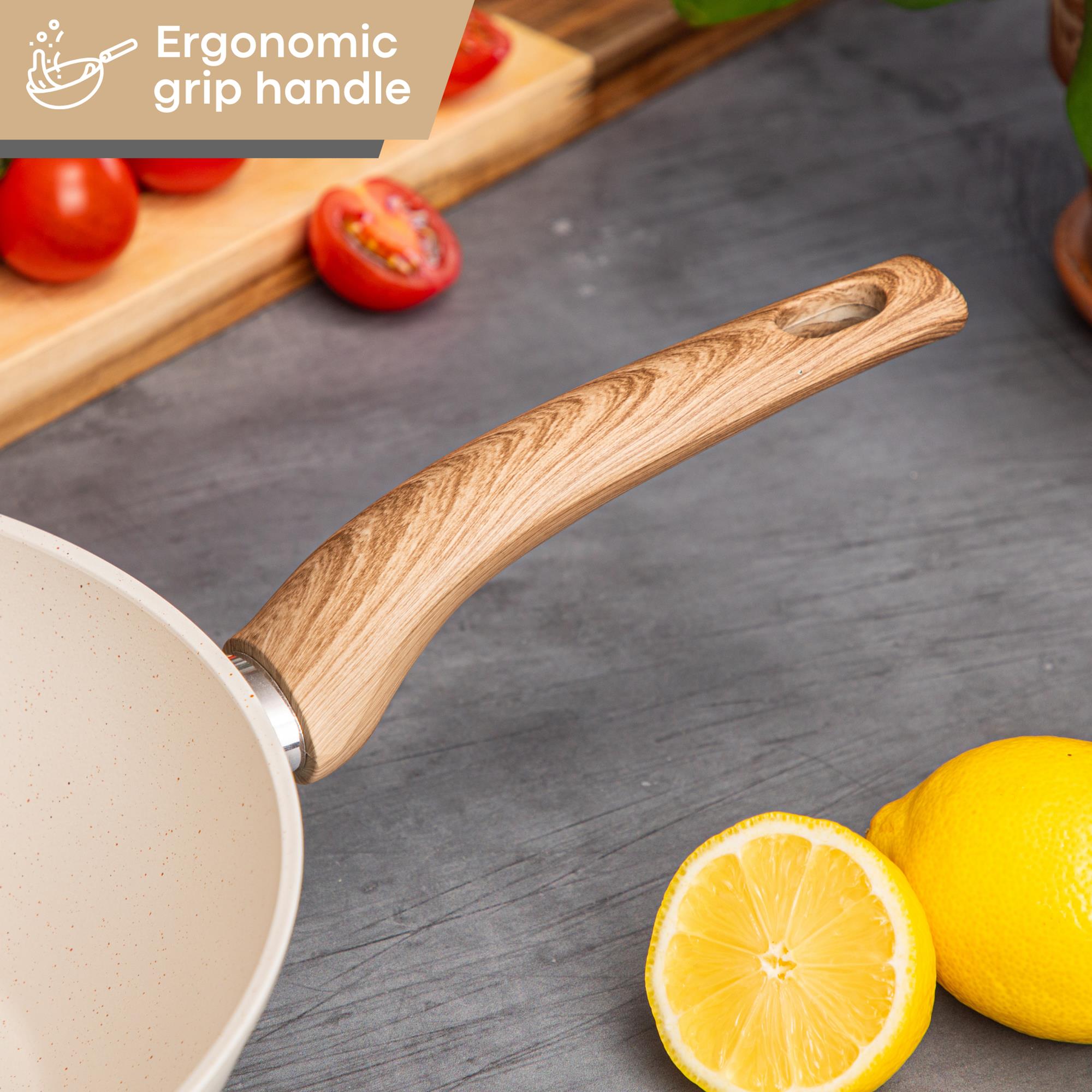 Nuovva cream granite cookware with ergonomic grip wooden handle