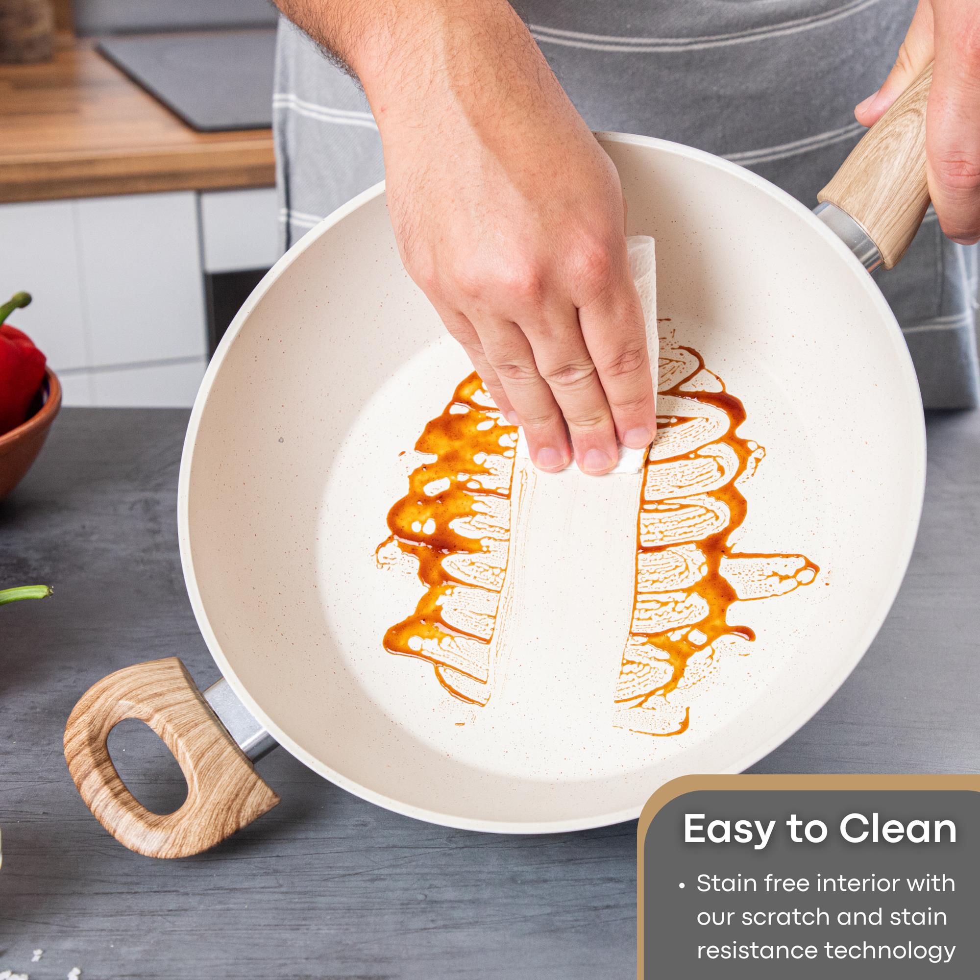 Easy clean granite sauté pan with scratch and stain resistant technology.