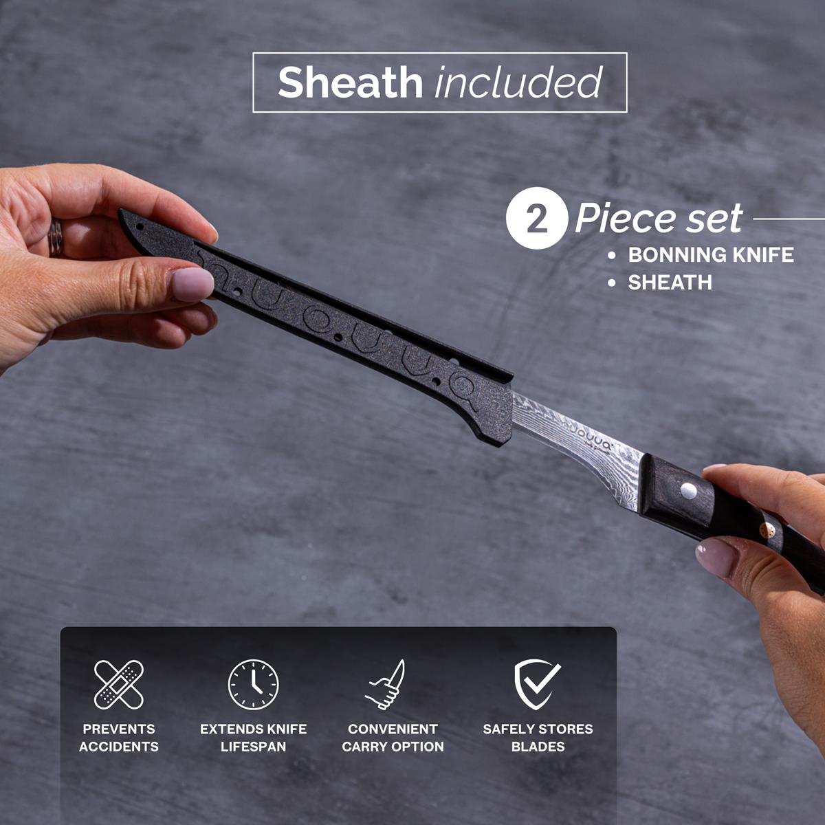 2pcs Damascus steel boning knife with protective sheath to prevent accidents. extend lifespan and safely store blades. 
