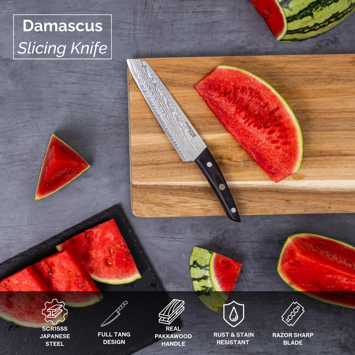 Nuovva Damascus steel Japanese slicing knife with full tang design, real Pakkawood handle and razor sharp blade. 