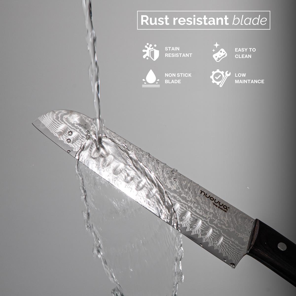 Nuovva Japanese knife with rust resistant non-stick blade, low maintenance and easy to clean