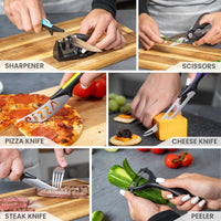 Nuovva kitchen knife set includes knife sharpener, cooking scissors. pizza knife, cheese knife, steak knife and vegetable peeler