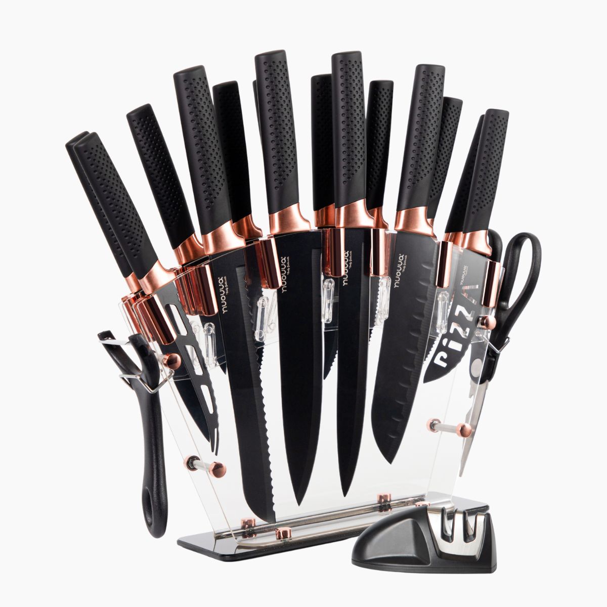 Nuovva set of copper kitchen knives with kitchen tools including knife sharpeners, vegetable peeler and cooking scissors. 