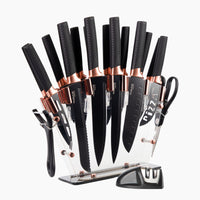 Nuovva set of copper kitchen knives with kitchen tools including knife sharpeners, vegetable peeler and cooking scissors. 