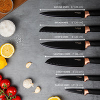 Set of nuovva copper kitchen knives including slicing knife, bread knife, chefs knife, santoku knife, utility knife and paring knife