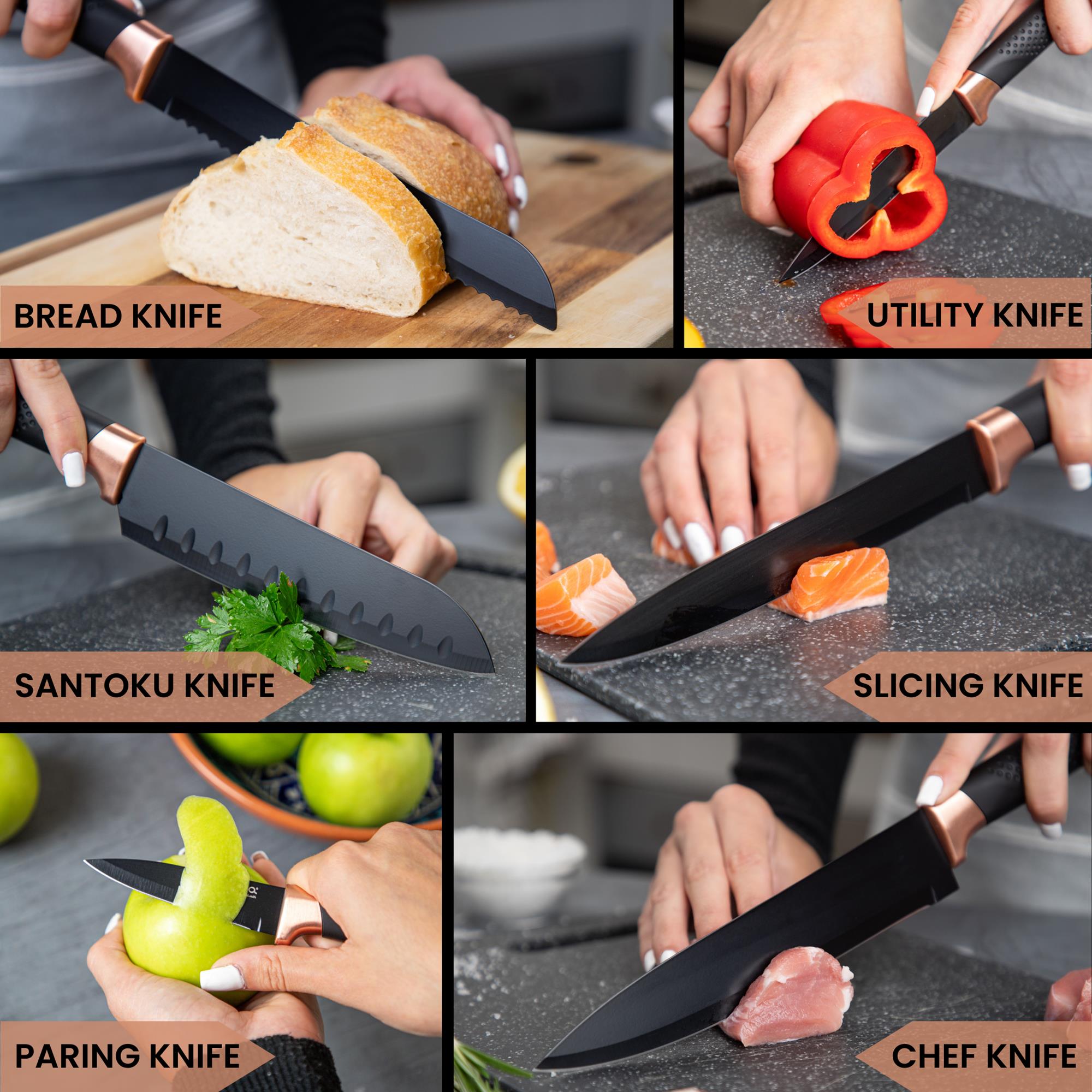 Nuovva set of kitchen knives including a bread knife, utility knife, santoku knife, slicing knife, paring knife and chef knife. 