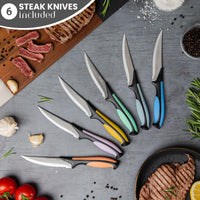 Nuovva set of kitchen knives including 6 steak knives with colourful handles