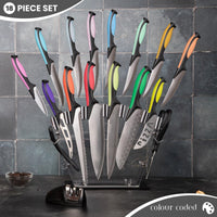 18pcs kitchen knife set, colour coded handles, kitchen tools and acrylic block included. 