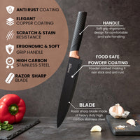 Nuovva copper kitchen knife with soft grip handle, razor sharp blade and elegant copper coating 