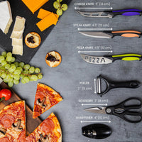 Nuovva kitchen knife set with tools including cheese knife, steak knife, pizza knife, peeler, cooking scissors and knife sharpener