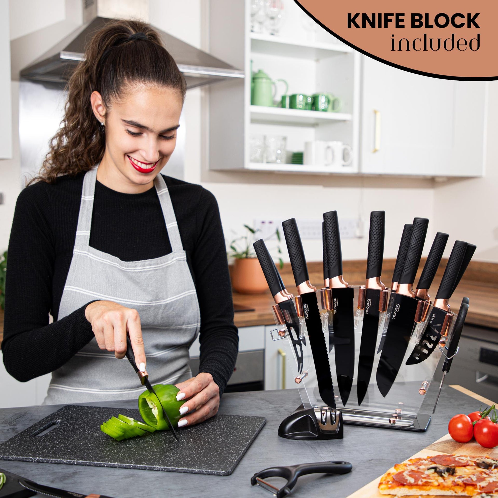 Cook using Nuovva kitchen knife with knife block included, vegetable peeler and cooking scissors