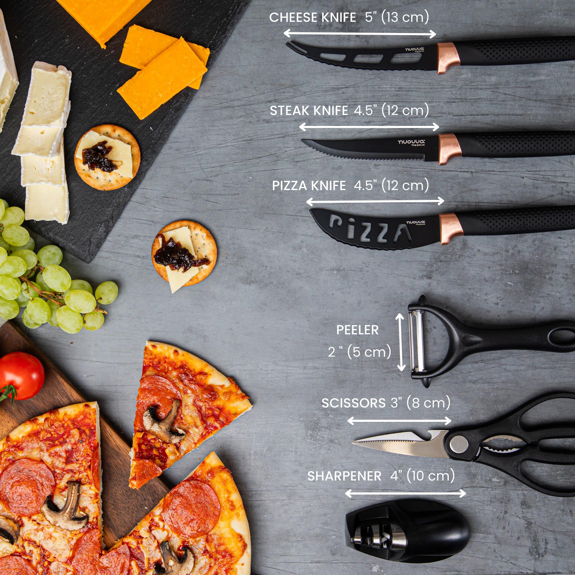 Nuovva copper kitchen knife set includes a chess knife, steak knife, pixie knife, vegetable peeler, cooking scissors and knife sharpener