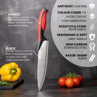 Red kitchen knife with soft-grip handle and razor sharp stainless steel blade - colour coded to avoid cross contamination