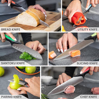 nuovva set of kitchen knives including bread knife, utility knife, santoku knife, slicing knife, paring knife and chef knife