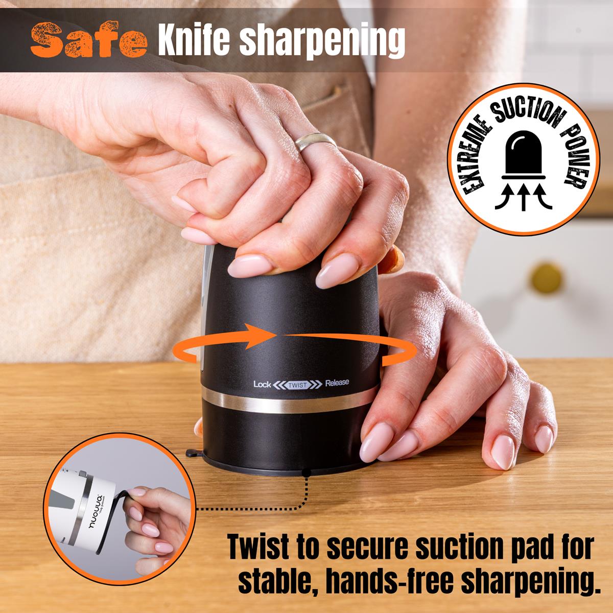 Safe knife sharpening with the nuovva kitchen knife sharpener with extreme suction base power for angled kitchen scissor sharpening