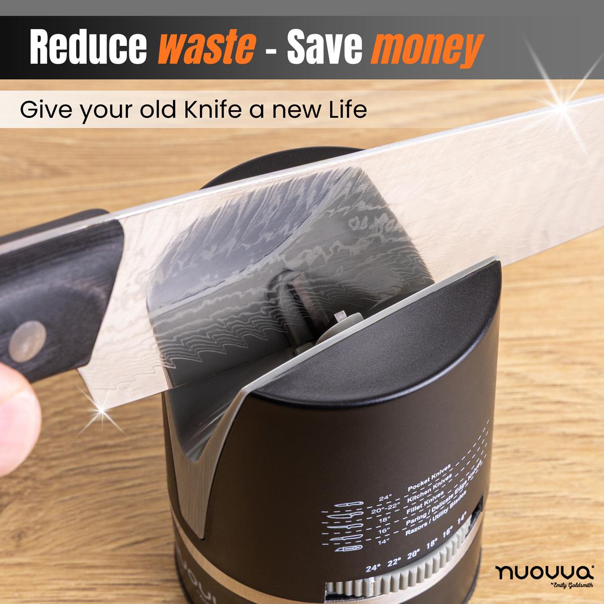 Reduce waste and save money with the nuovva knife sharpener with suction base and adjustable option to give your old knife a new life