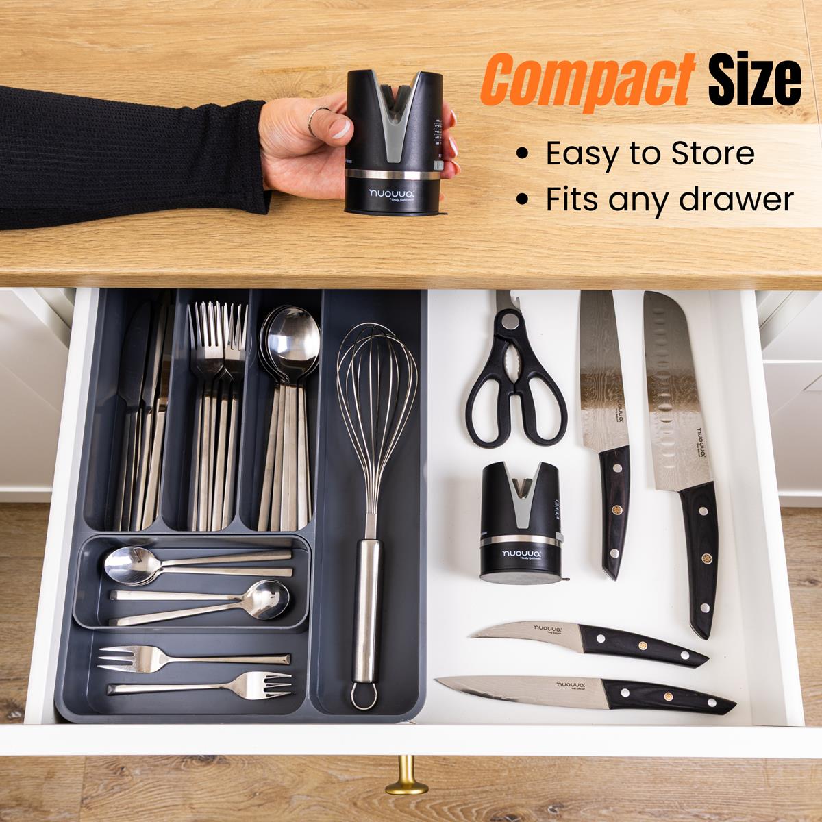 The nuovva kitchen knife sharpener is compact size, making it easy to store and fit into any drawer. 