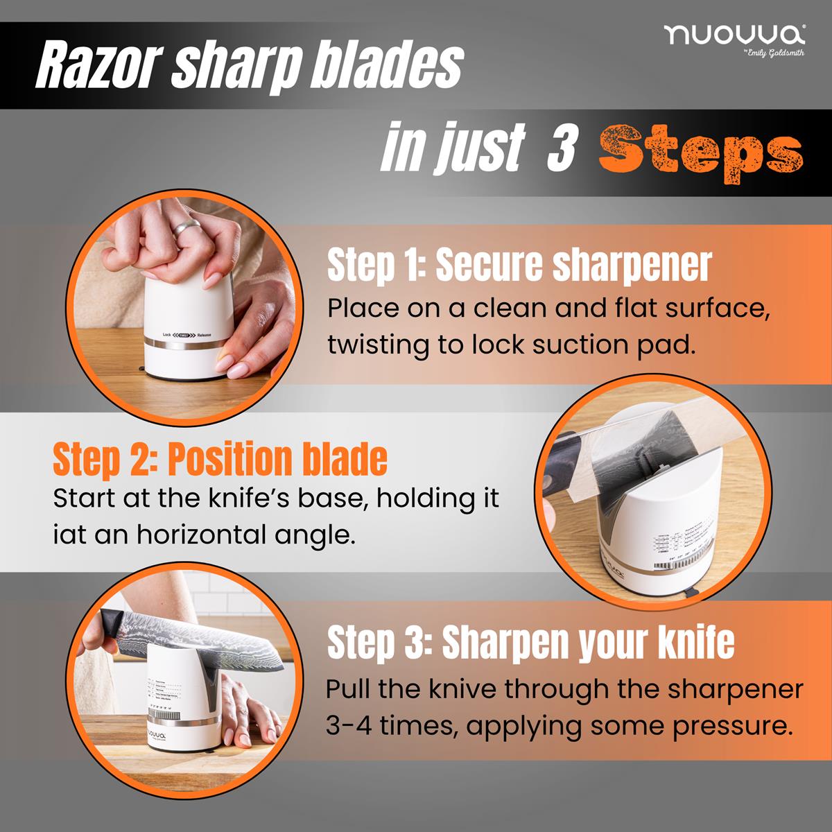 Razor sharp blades in just 3 steps with the nuovva knife sharpener no skills needed perfect for beginner
