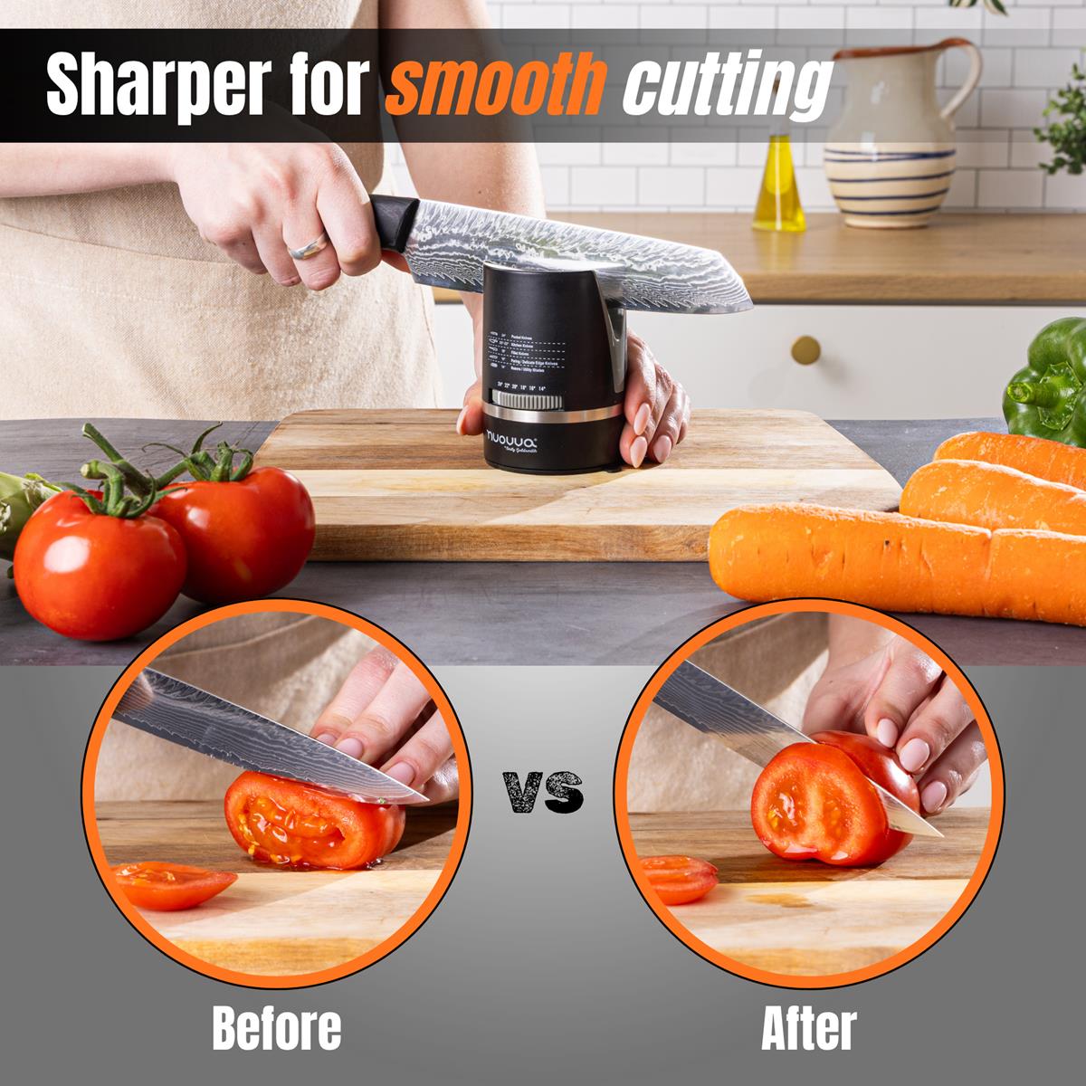 Use the hands-free knife sharpener wutg adjustable angle for sharper smoother cutting