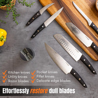 The nuovva grey hands-free knife sharpener effortlessly restores all blades including kitchen knives, utility knives, razor blades, pocket knives, fillet knives and delicate edge blades