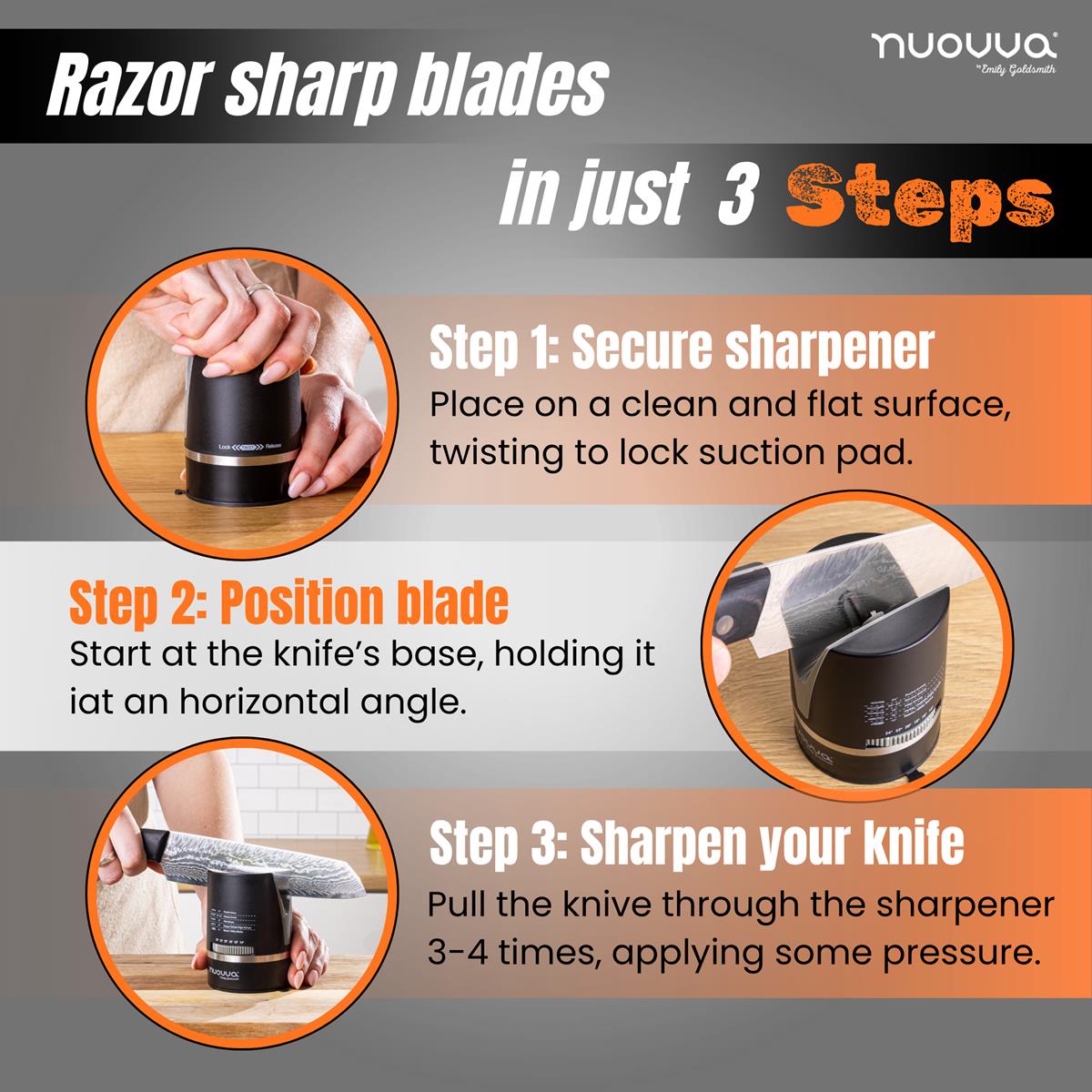Nuovva hand free knife sharpener for razor sharp blades in 3 easy steps 