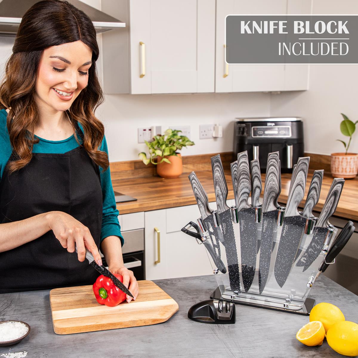Kitchen Knife Set with Block, Sharpener, Peeler & Scissors - 17Pcs - Grey Granite