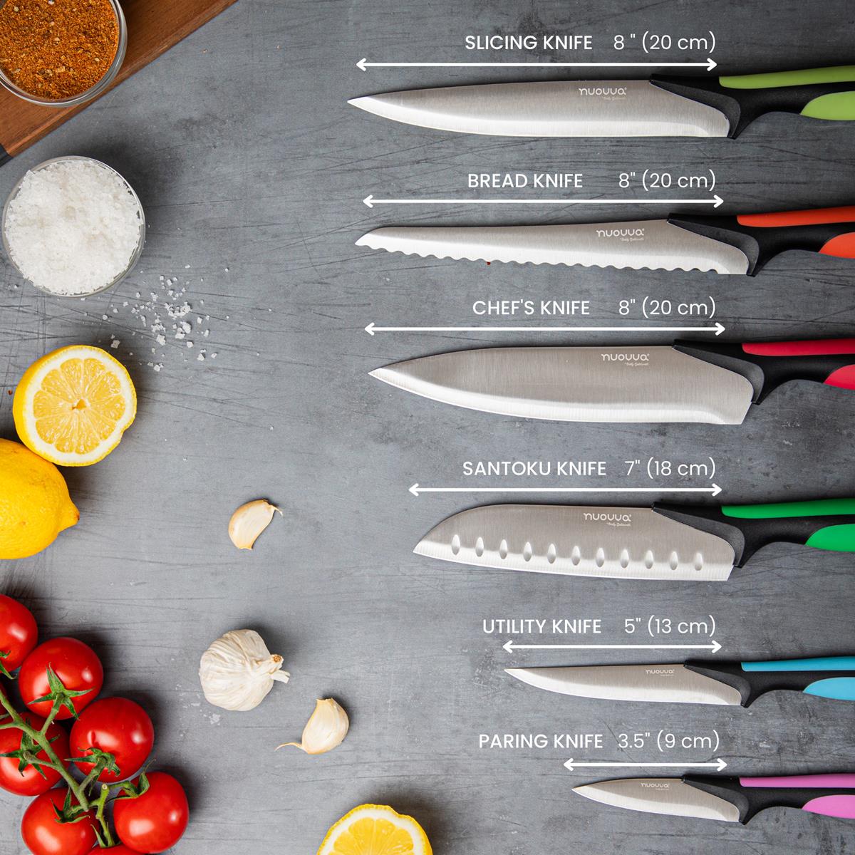 Nuovva set of kitchen knives including slicing knife, bread knife, chefs knife, santoku knife, utility knife and paring knife. 