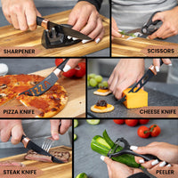 Nuovva set of kitchen knives includes a knife sharpener, cooking scissors, pizza knife, cheese knife, steak knife and vegetable peeler