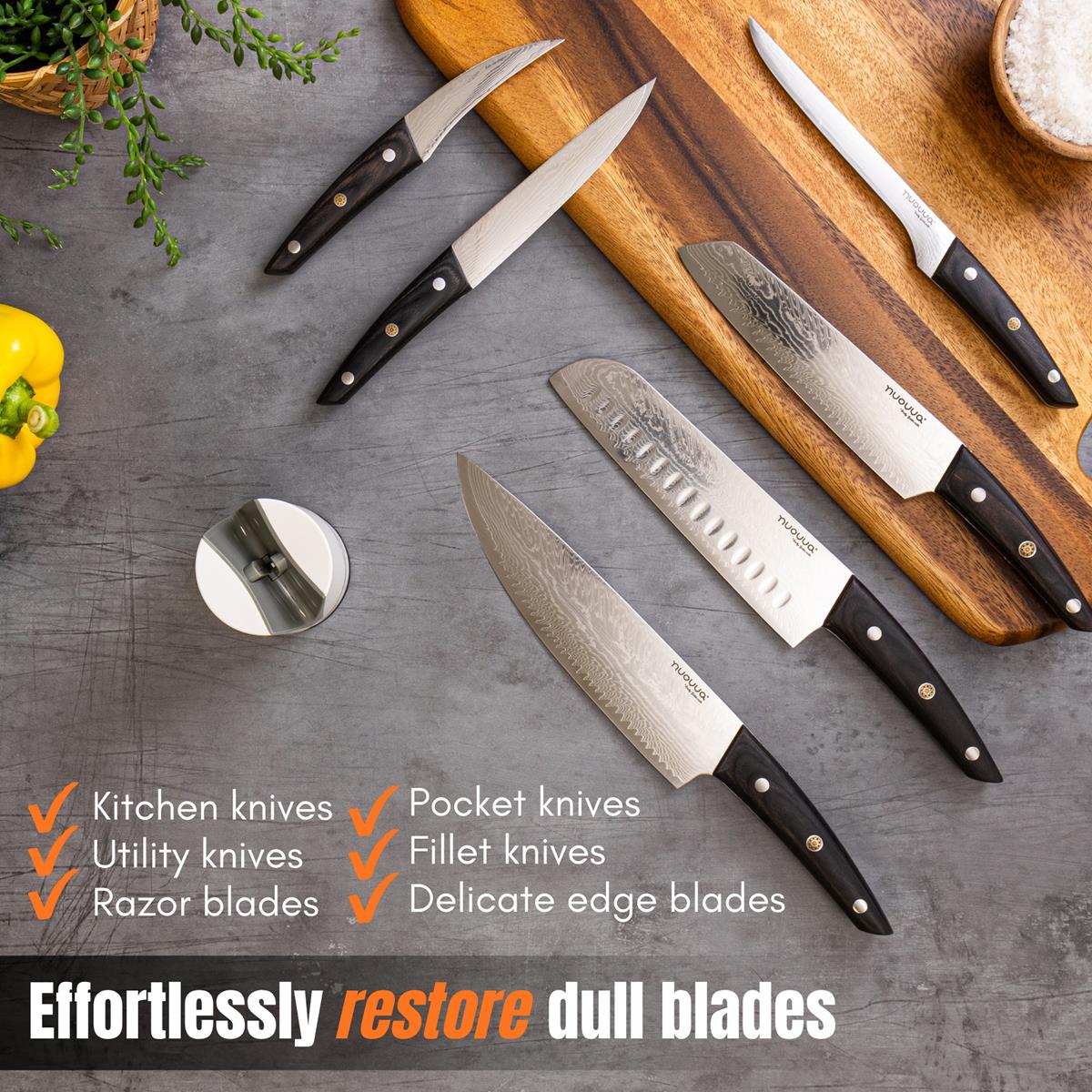 Effortlessly restore your all knives with the knife sharpener compatible with serrated blades, kitchen knives, pocket knives, inlet knives, razor blades, utility blades and more
