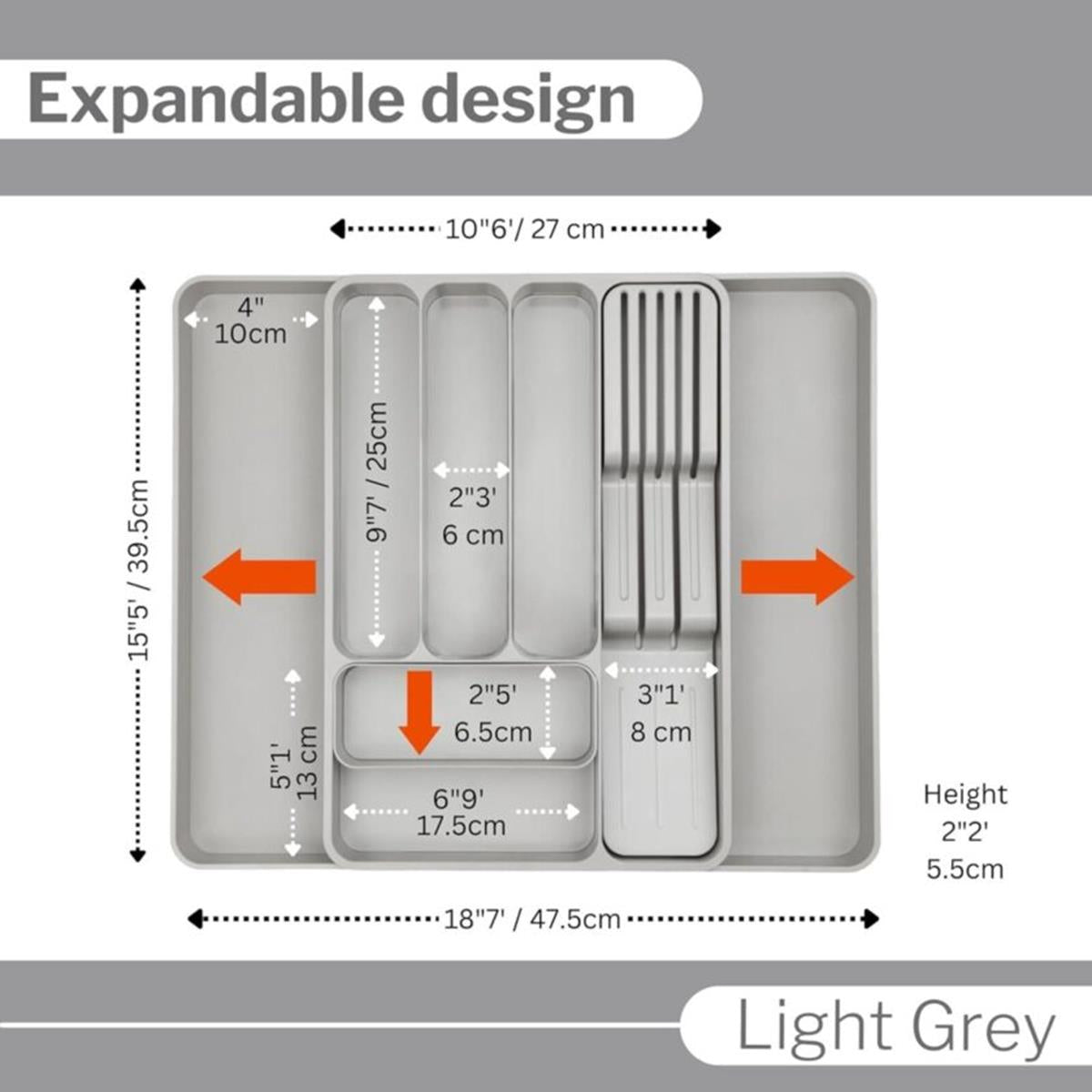 Expandable cutlery drawer organizer with dimensions and measurements labeled.
