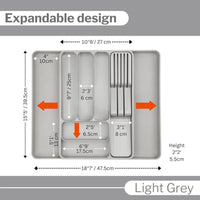 Expandable cutlery drawer organizer with dimensions and measurements labeled.