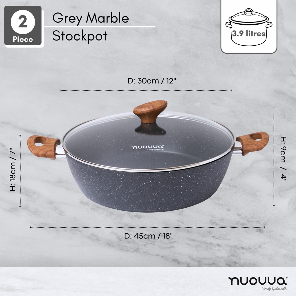 2pc gray marble stockpot with wooden handles and lid = 30cm across and 3.9L in depth