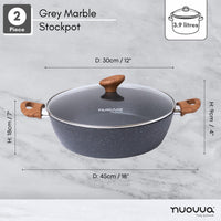 2pc gray marble stockpot with wooden handles and lid = 30cm across and 3.9L in depth