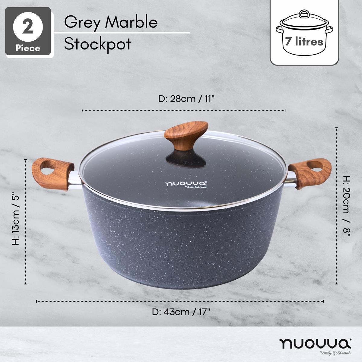 2 piece gray marble stockpot with glass lid, 28cm across and 7l capacity