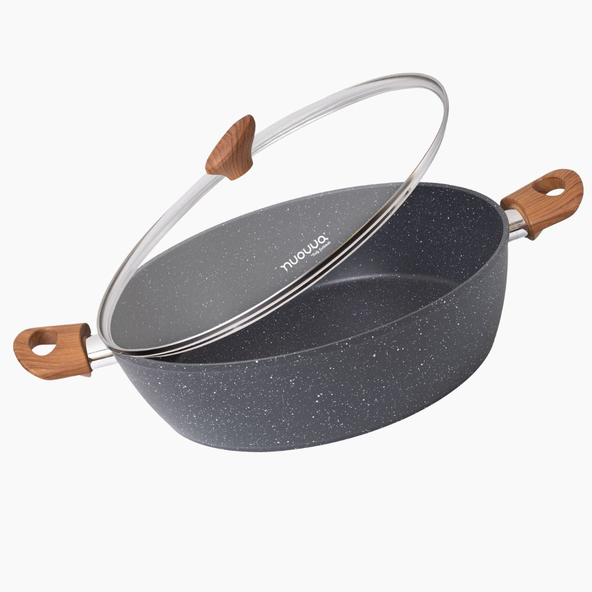 Nuovva marble shallow casserole pot with glass lid and wooden handles. 