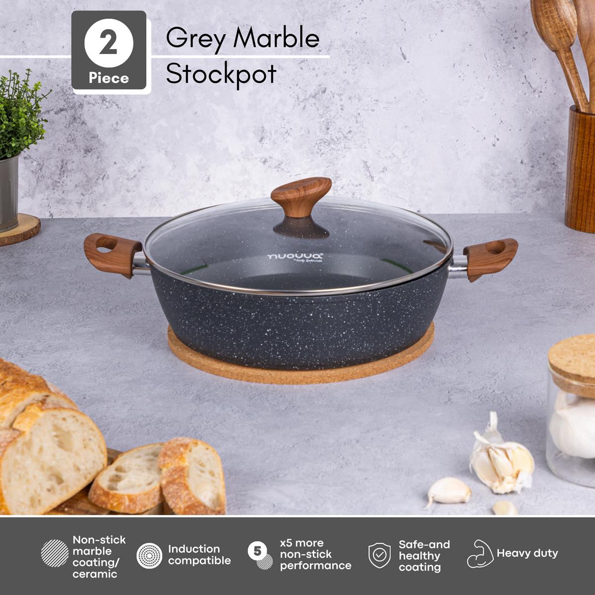 2pc grey marble stockpot with non-stick marble coating, induction compatible base and heavy duty cooking