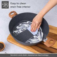 Easy to clean marble casserole pot with scratch and stain resistant interior. 