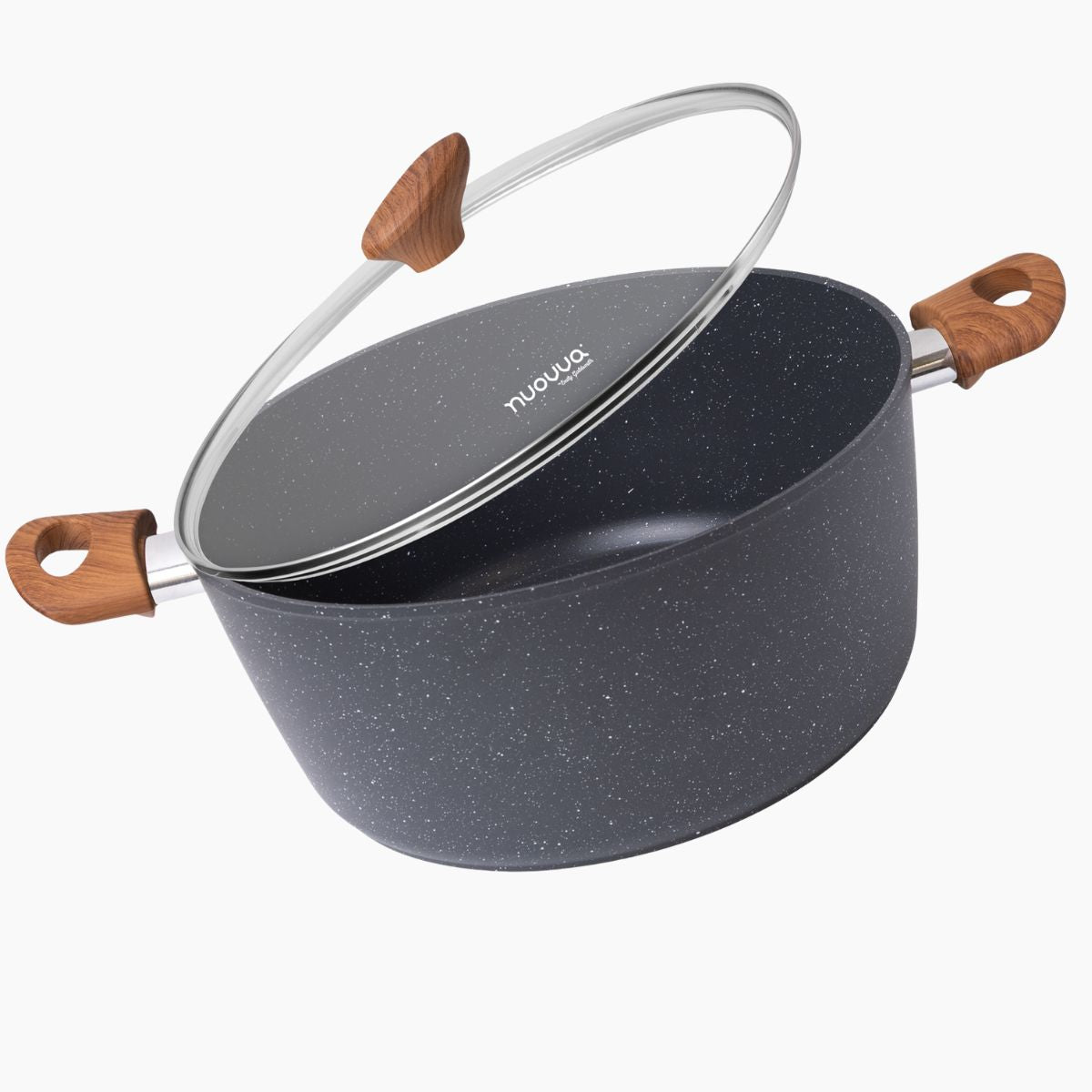 Marble granite stockpot with vented glass lid and wooden handles. 