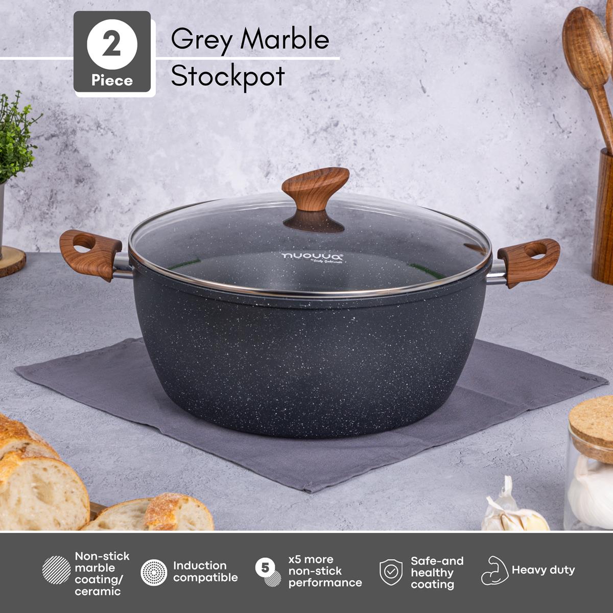 2 piece grey marble stockpot with glass lid, ceramic coating and induction compatible base. 