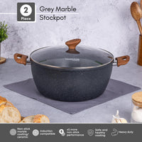 2 piece grey marble stockpot with glass lid, ceramic coating and induction compatible base. 