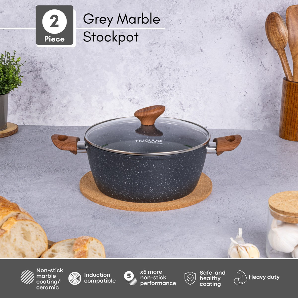 2pcs grey marble stockpot with non-stick coating, induction base and heavy duty cooking capabilities