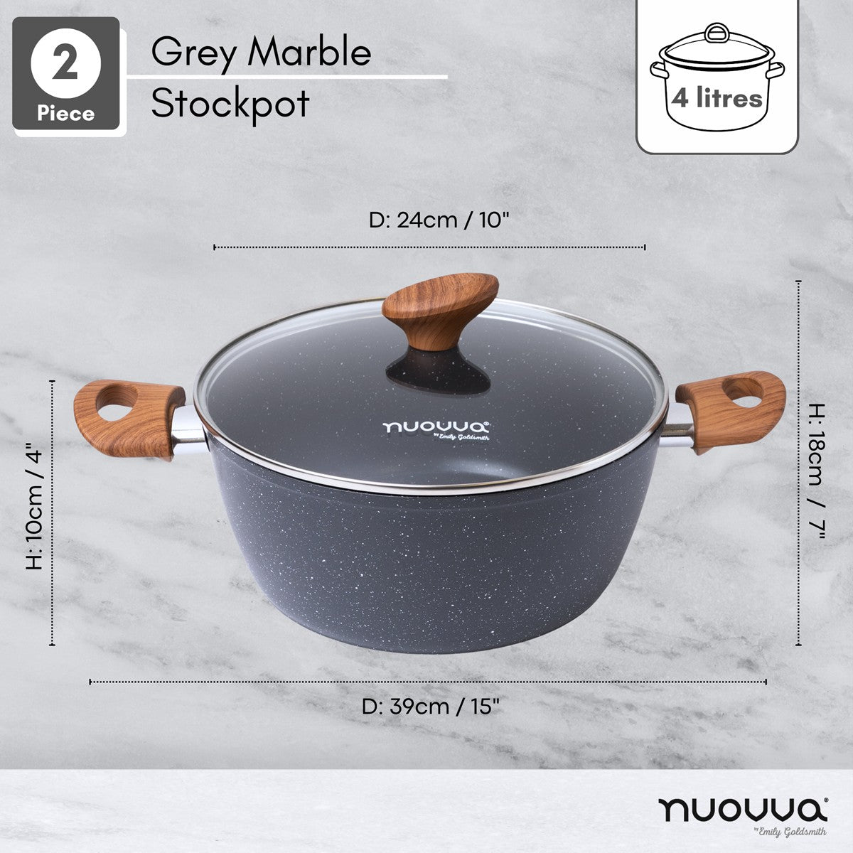 2pcs Grey marble stockpot with 4L capacity and 10cm in height 