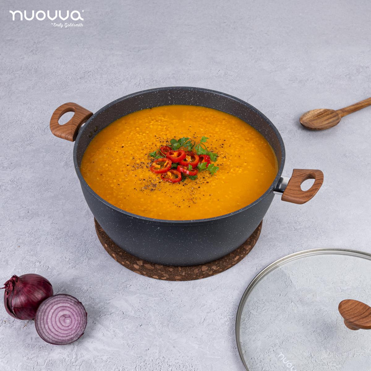 nuovva marble stockpot with wooden handles and glass lid for efficient home cooking