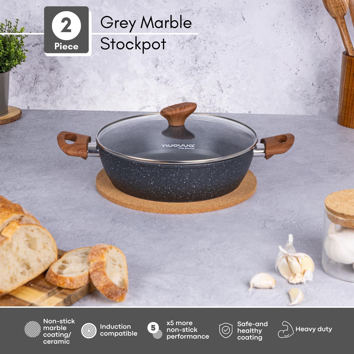 2 piece grey marble stockpot with ceramic coating, induction compatible base and non-stick heavy duty capabilities. 