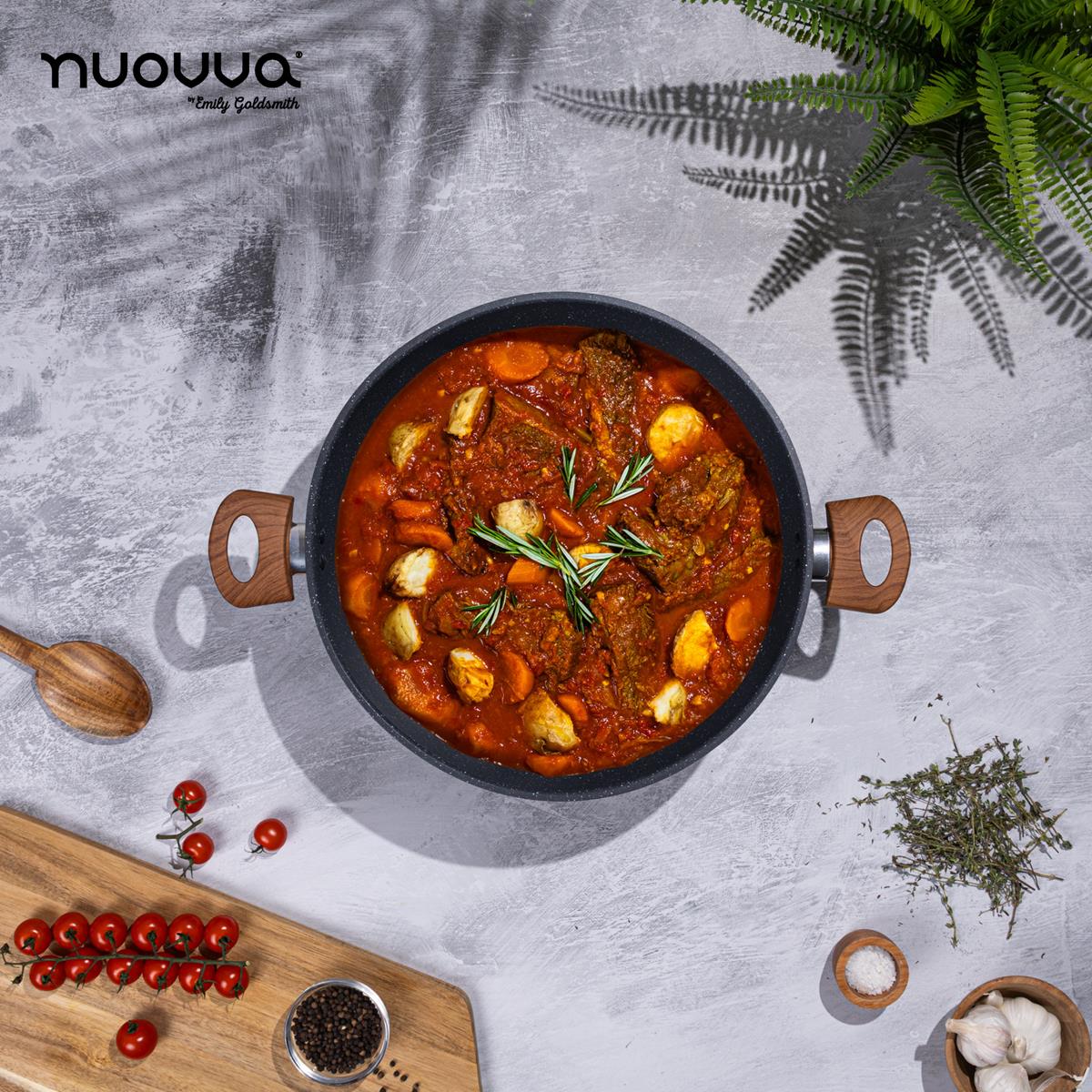 nuovva shallow casserole pot with wooden handles for easy home cooking. 