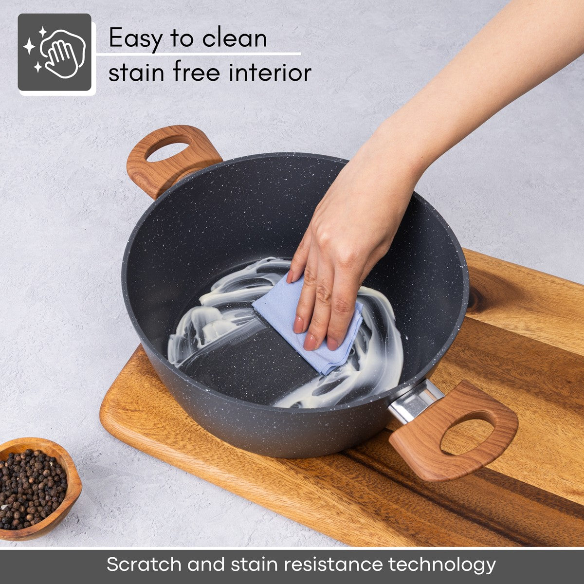 Easy to clean marble stockpot with scratch and stain resistant technology