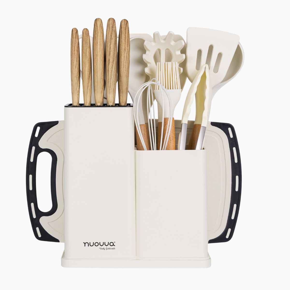 17pcs Cream Silicone Cooking Utensil & Knife Set with Block & Chopping Board