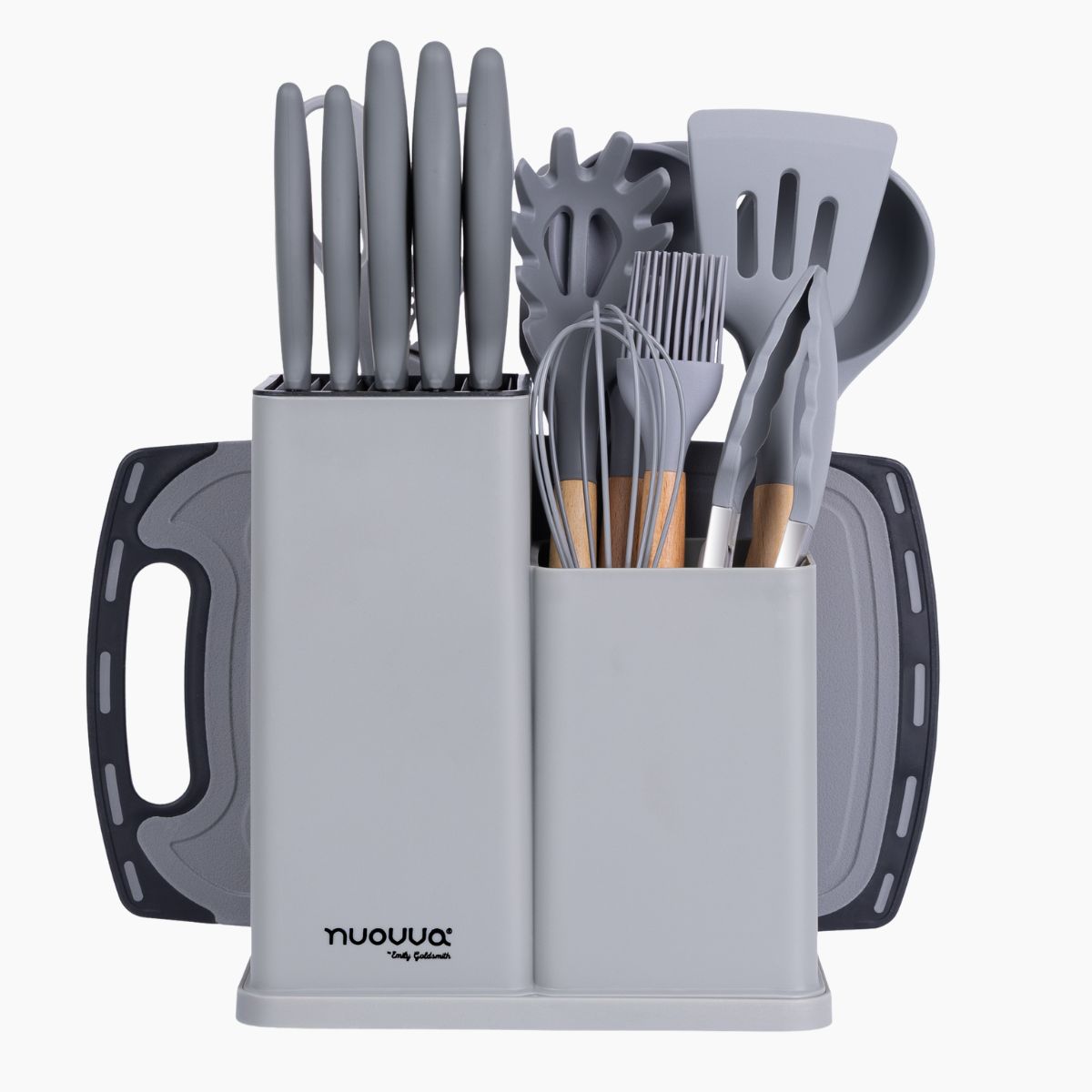 17pcs Grey Silicone Kitchen Utensil & Knife Set with Block & Chopping Board