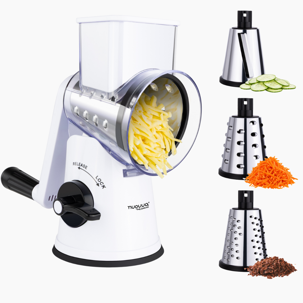 Rotary Drum Grater with Stainless Steel Blades – 4pcs, White