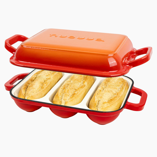 Enamelled Cast Iron Baguette Bread Pan with Lid – 3 Slots, Orange